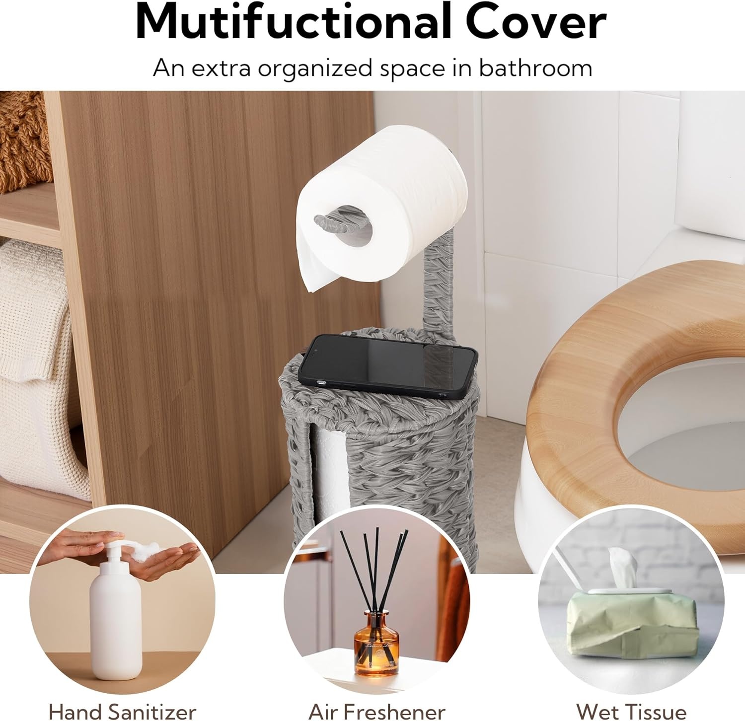 image:imageGRANNY SAYS Toilet Paper Storage Holder Bathroom Toilet Paper Holder Stand Woven Bathroom Baskets for Bathroom Free Standing Organizer for Bathroom StorageGray