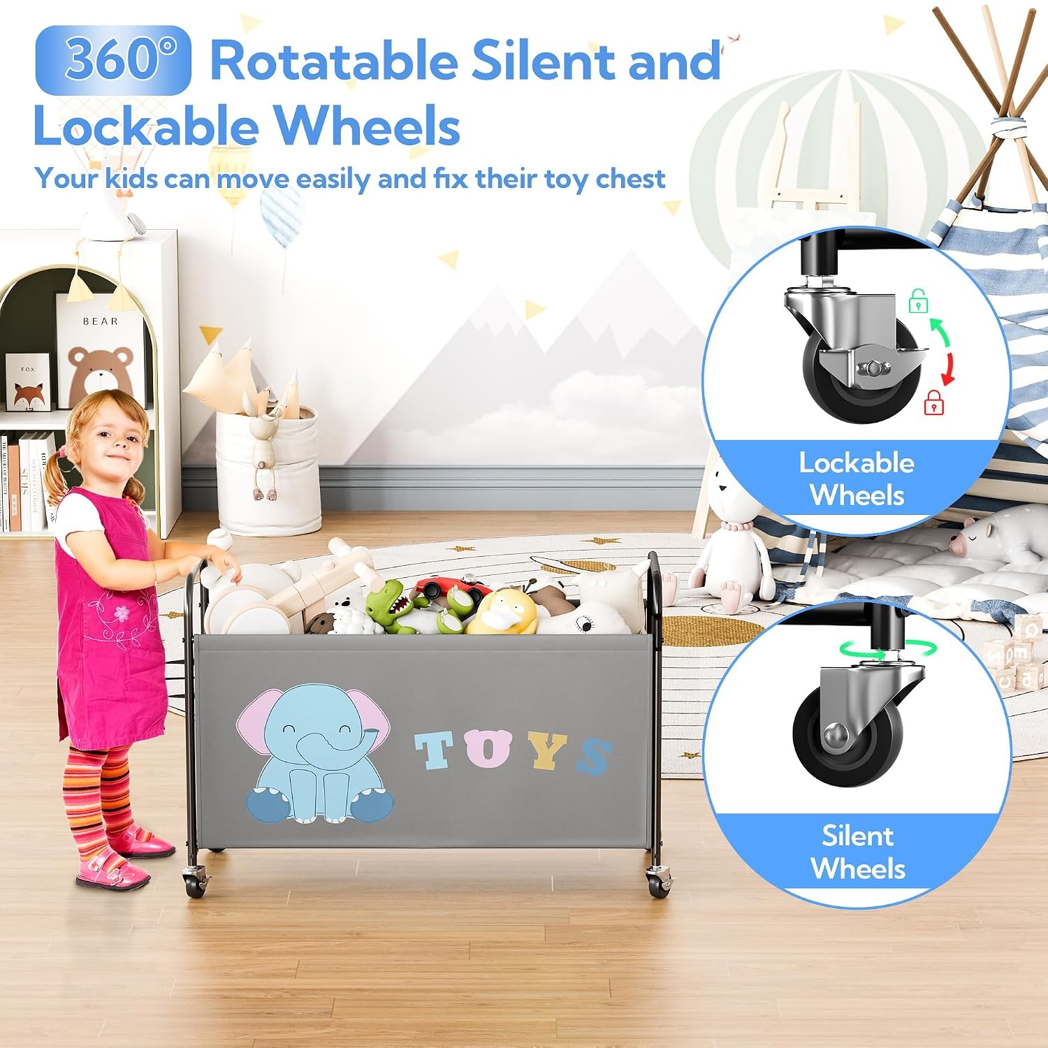 image:imageGRANNY SAYS Toy Box for Boys Girls Large Toy Chest Storage with Wheels Metal Kids Toy Storage Organizer for Stuffed Animals 135L Kids Toy Bins for Bedroom Living Room Nursery BlackGrey