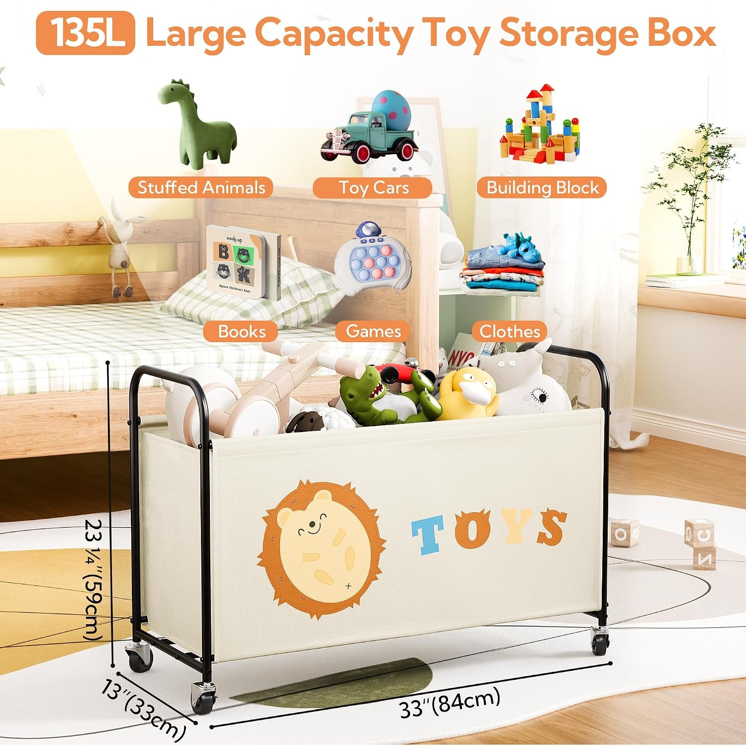 image:imageGRANNY SAYS Toy Box for Boys Girls Large Toy Chest Storage with Wheels Metal Kids Toy Storage Organizer for Stuffed Animals 135L Kids Toy Bins for Bedroom Living Room Nursery BlackBeige