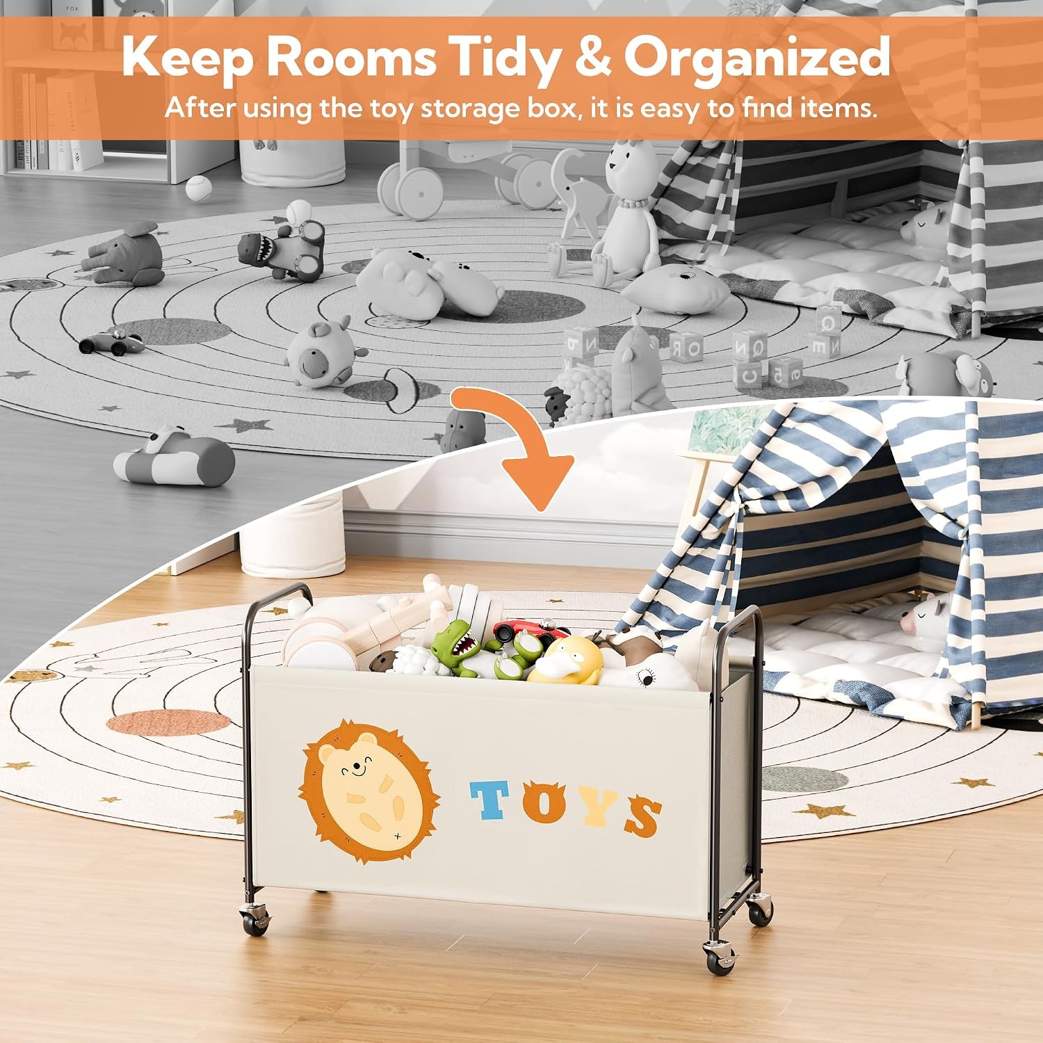 image:imageGRANNY SAYS Toy Box for Boys Girls Large Toy Chest Storage with Wheels Metal Kids Toy Storage Organizer for Stuffed Animals 135L Kids Toy Bins for Bedroom Living Room Nursery BlackBeige