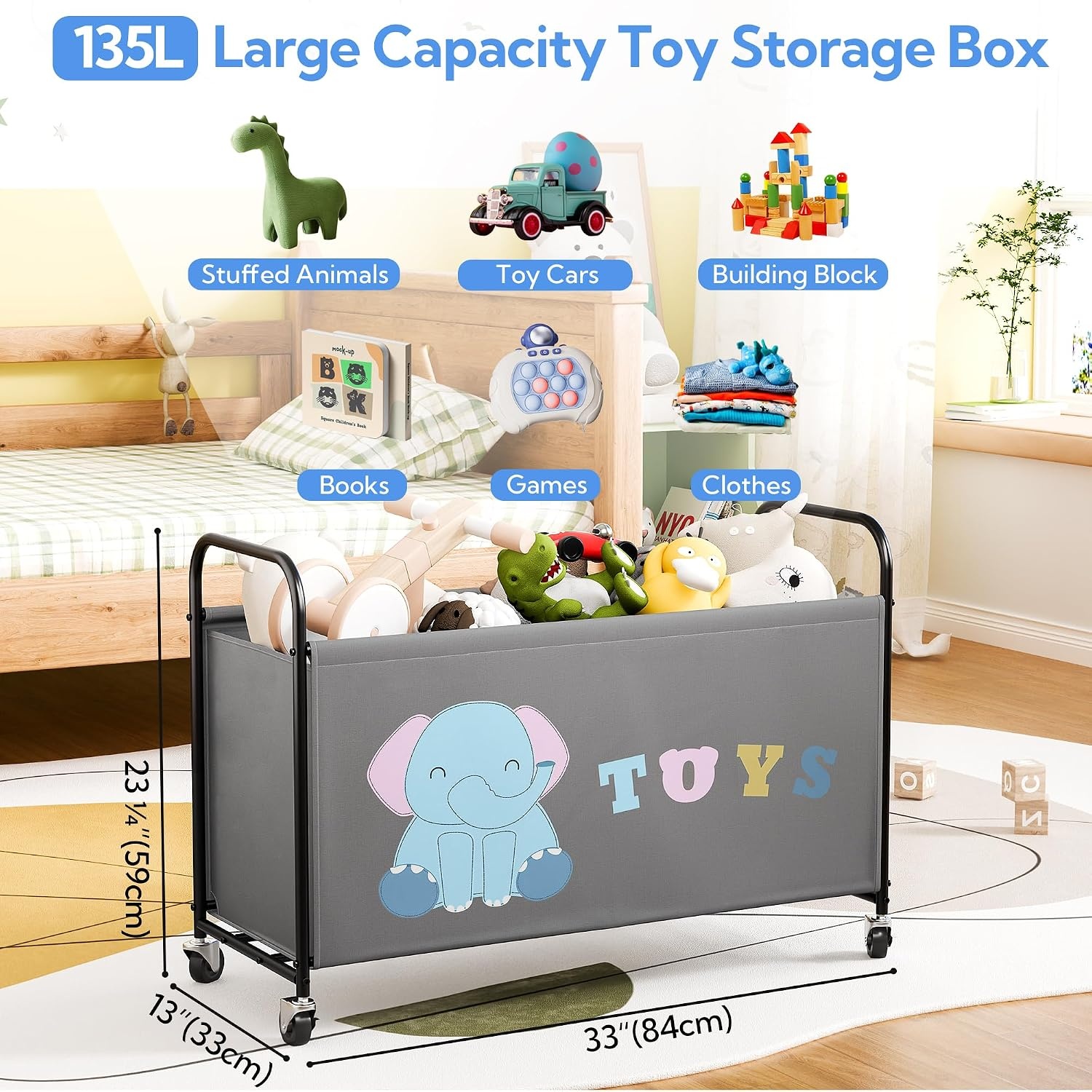 image:imageGRANNY SAYS Toy Box for Boys Girls Large Toy Chest Storage with Wheels Metal Kids Toy Storage Organizer for Stuffed Animals 135L Kids Toy Bins for Bedroom Living Room Nursery BlackGrey