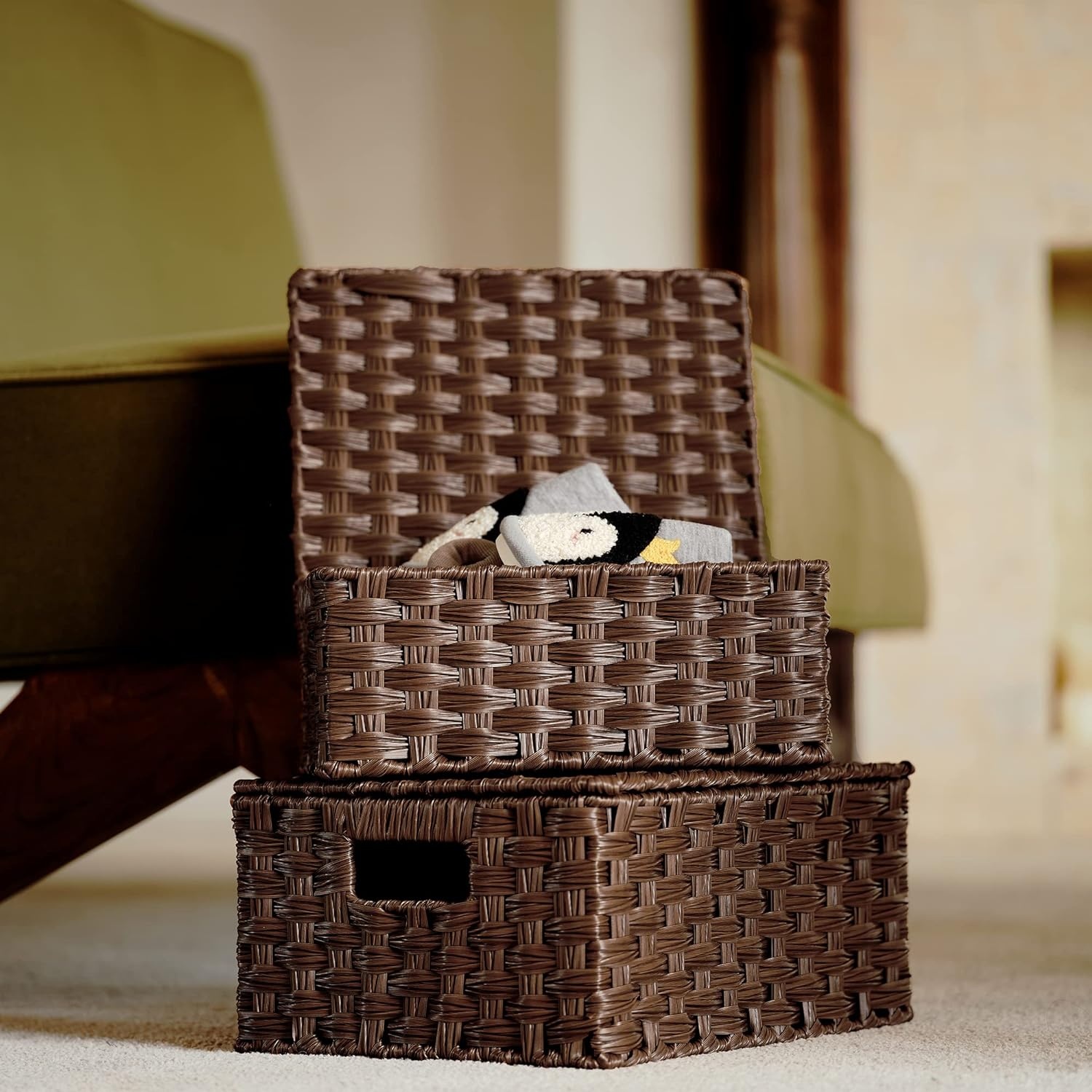 image:imageGRANNY SAYS Wicker Baskets with Lids Set of 3 Decorative Storage Boxes Woven Basket for Organizing Storage and Organizer Baskets Brown 3PackBrown