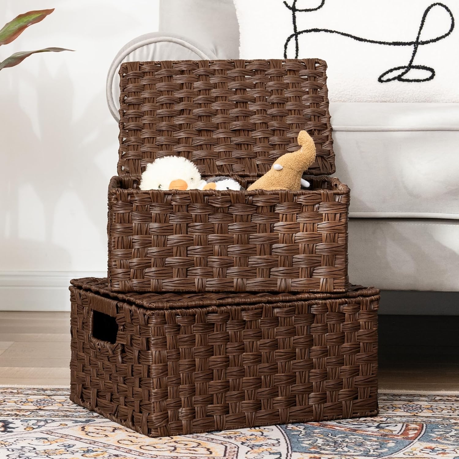 image:imageGRANNY SAYS Wicker Baskets with Lids Set of 3 Decorative Storage Boxes Woven Basket for Organizing Storage and Organizer Baskets Brown 3PackBrown