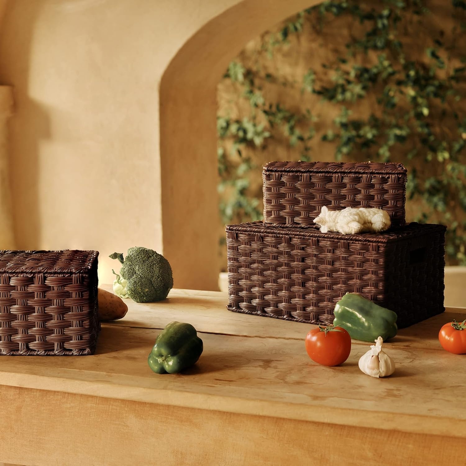 image:imageGRANNY SAYS Wicker Baskets with Lids Set of 3 Decorative Storage Boxes Woven Basket for Organizing Storage and Organizer Baskets Brown 3PackBrown