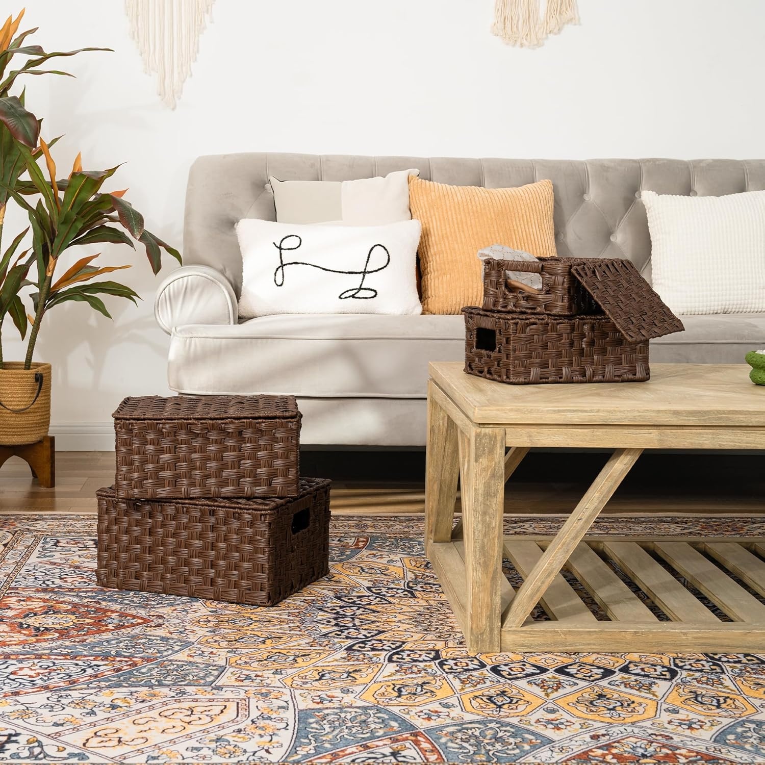 image:imageGRANNY SAYS Wicker Baskets with Lids Set of 3 Decorative Storage Boxes Woven Basket for Organizing Storage and Organizer Baskets Brown 3PackBrown