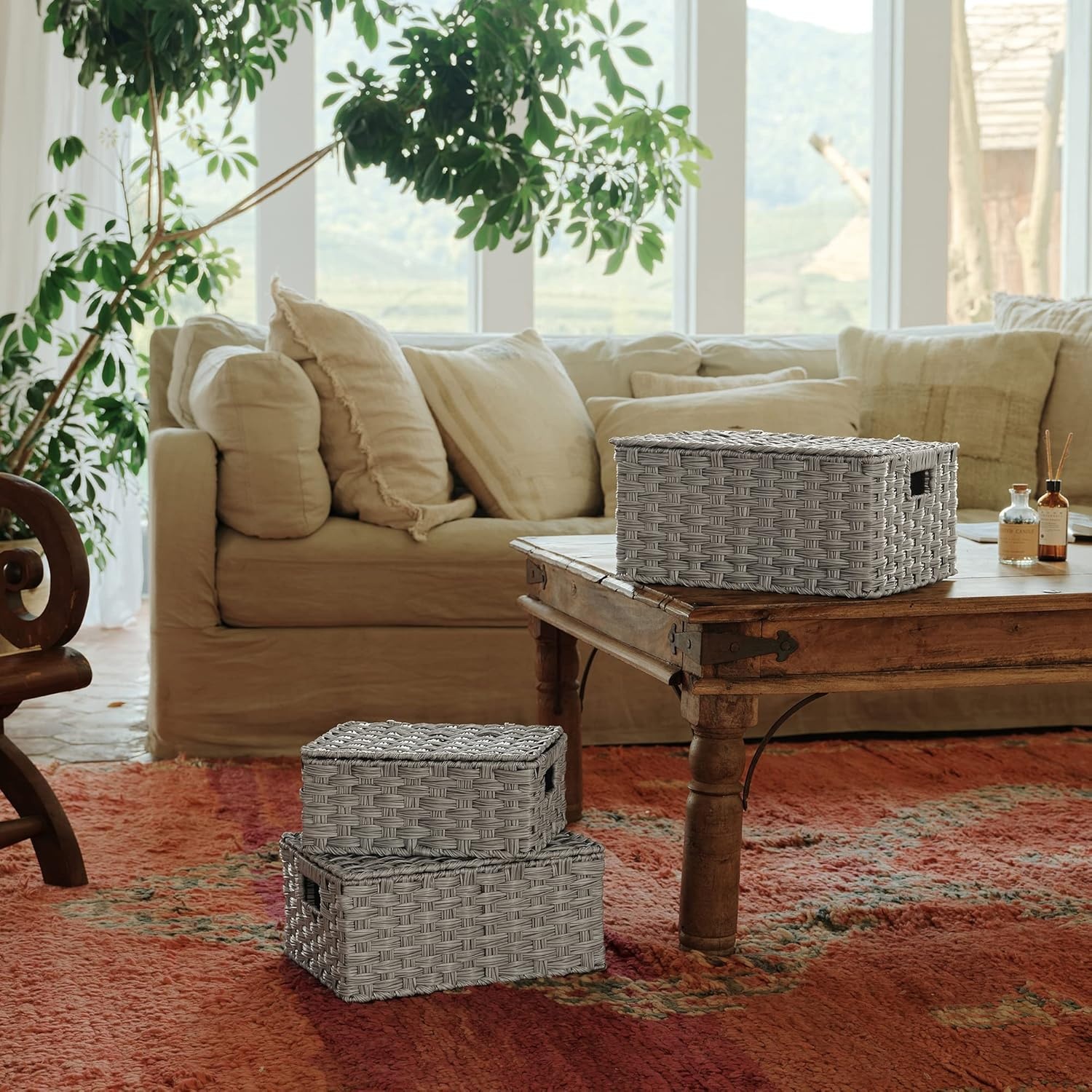 image:imageGRANNY SAYS Wicker Baskets with Lids Set of 3 Decorative Storage Boxes Woven Basket for Organizing Storage and Organizer Baskets Brown 3PackGray