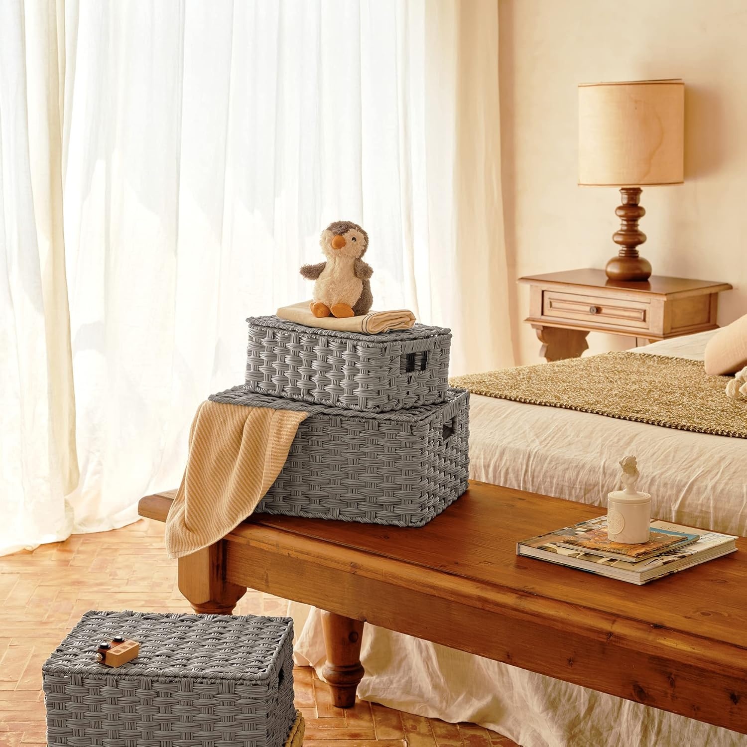 image:imageGRANNY SAYS Wicker Baskets with Lids Set of 3 Decorative Storage Boxes Woven Basket for Organizing Storage and Organizer Baskets Brown 3PackGray