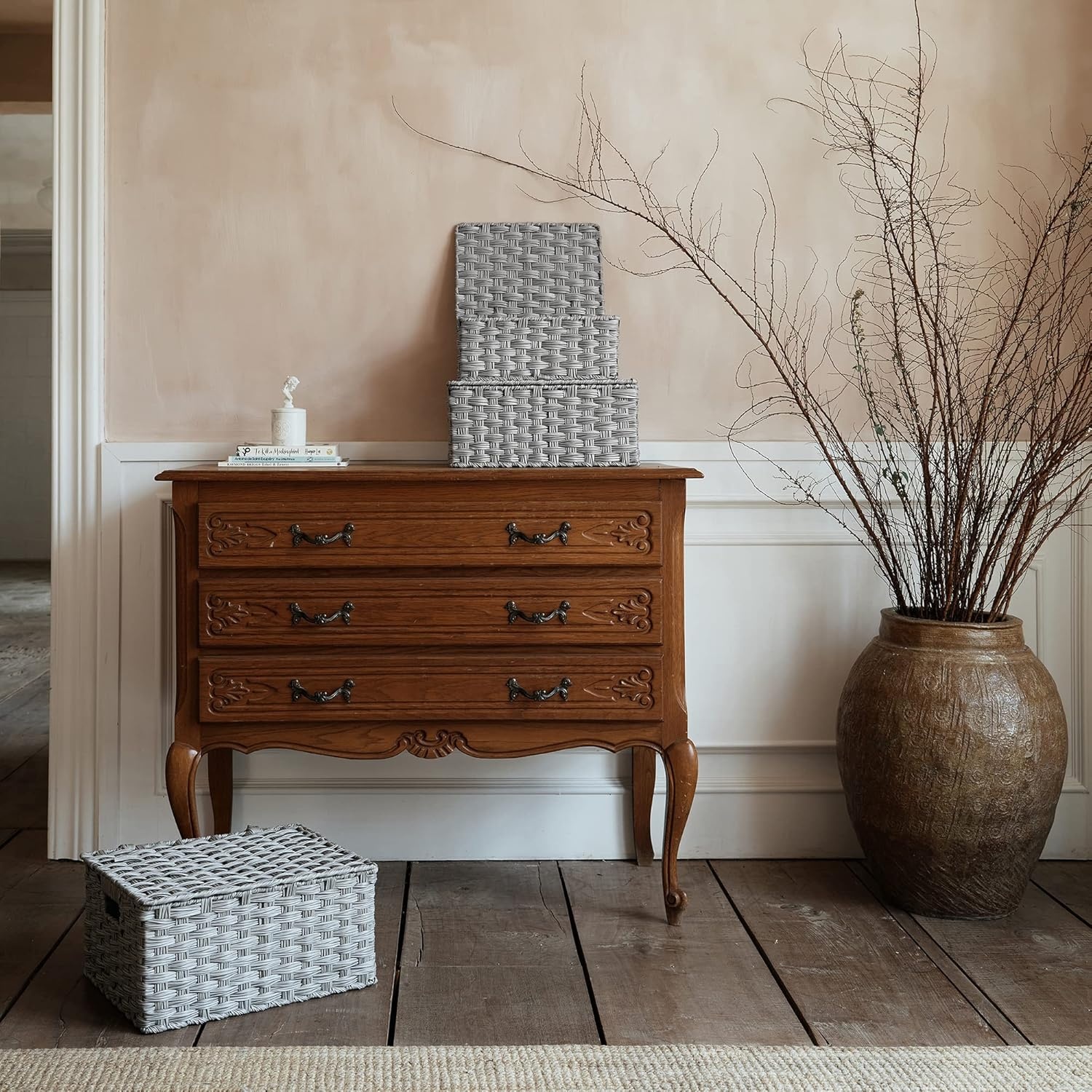 image:imageGRANNY SAYS Wicker Baskets with Lids Set of 3 Decorative Storage Boxes Woven Basket for Organizing Storage and Organizer Baskets Brown 3PackGray