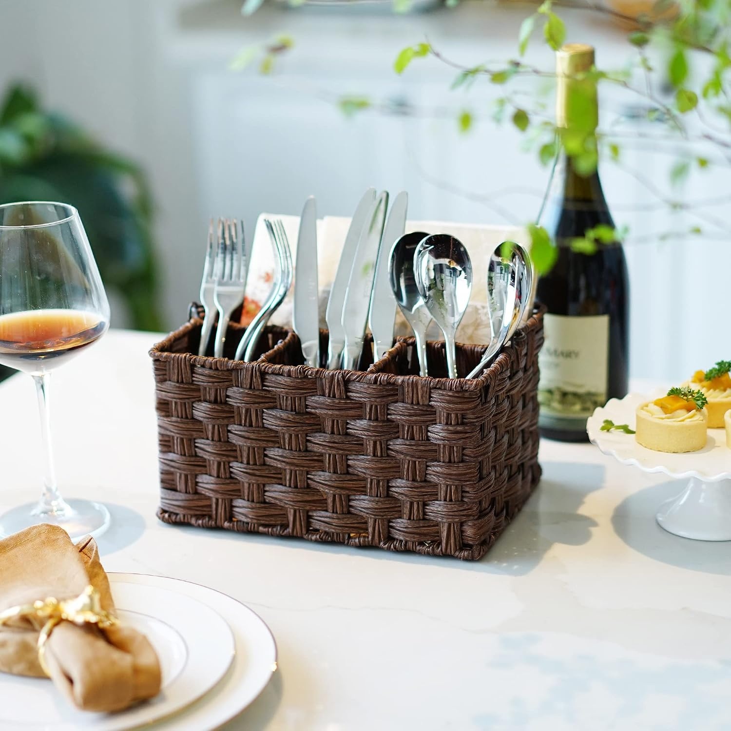 image:imageGRANNY SAYS Wicker Utensil Caddy Picnic Basket with Handle Organizer for Kitchen Table or Cabinet Silverware Holder for PartiesBrown