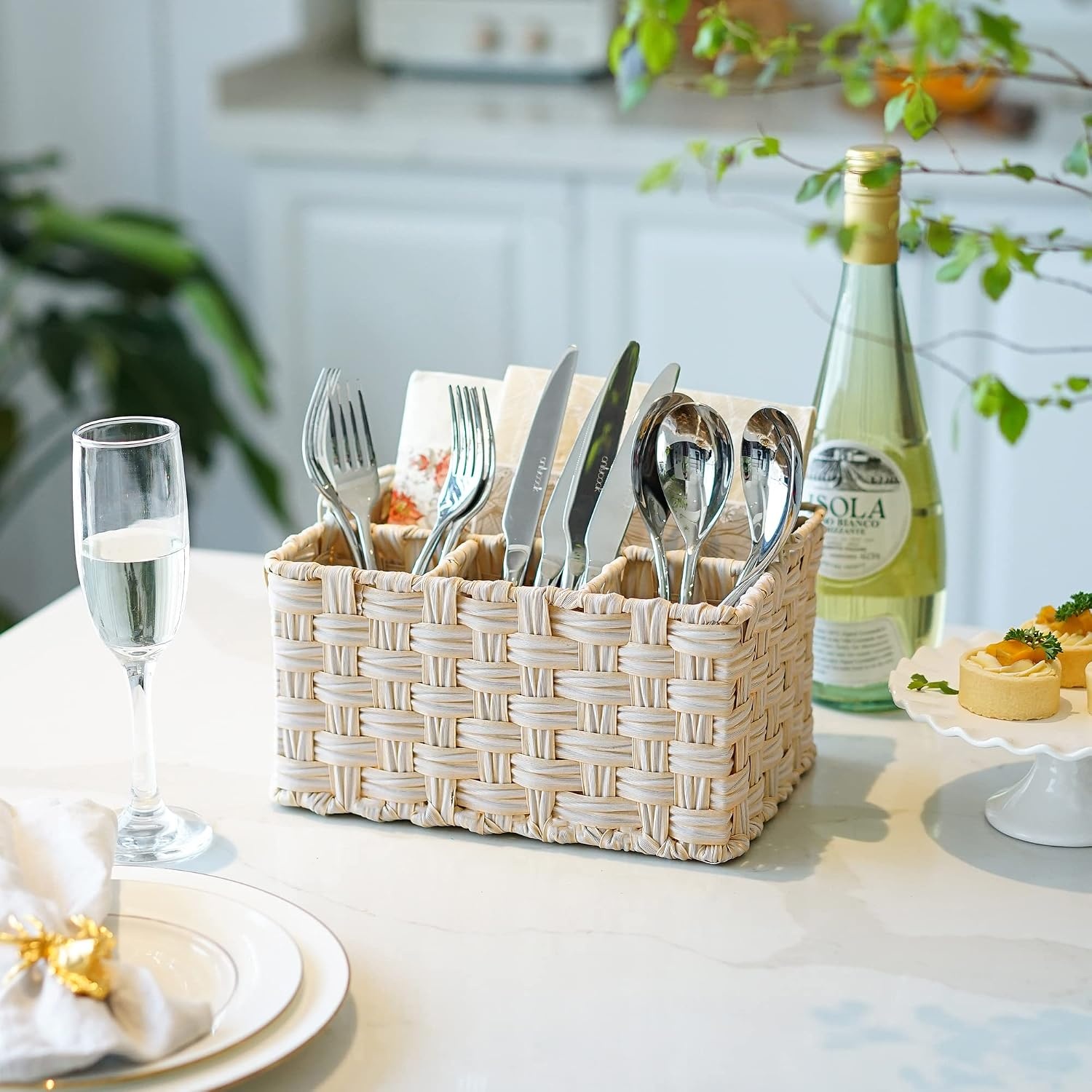 image:imageGRANNY SAYS Wicker Utensil Caddy Picnic Basket with Handle Organizer for Kitchen Table or Cabinet Silverware Holder for PartiesButter Milk