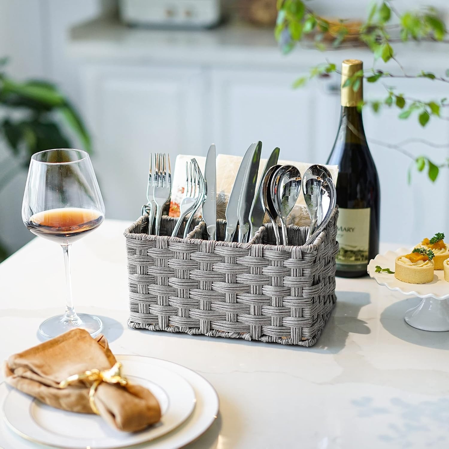 image:imageGRANNY SAYS Wicker Utensil Caddy Picnic Basket with Handle Organizer for Kitchen Table or Cabinet Silverware Holder for PartiesGray
