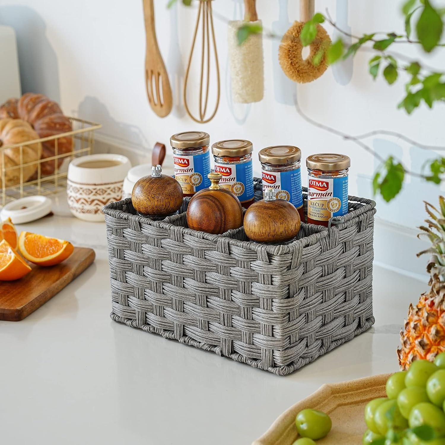 image:imageGRANNY SAYS Wicker Utensil Caddy Picnic Basket with Handle Organizer for Kitchen Table or Cabinet Silverware Holder for PartiesGray
