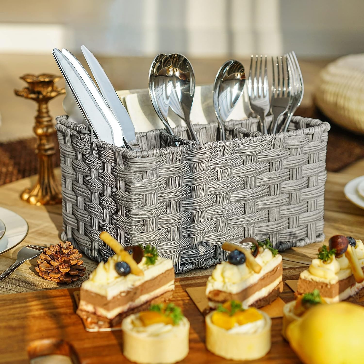 image:imageGRANNY SAYS Wicker Utensil Caddy Picnic Basket with Handle Organizer for Kitchen Table or Cabinet Silverware Holder for PartiesGray