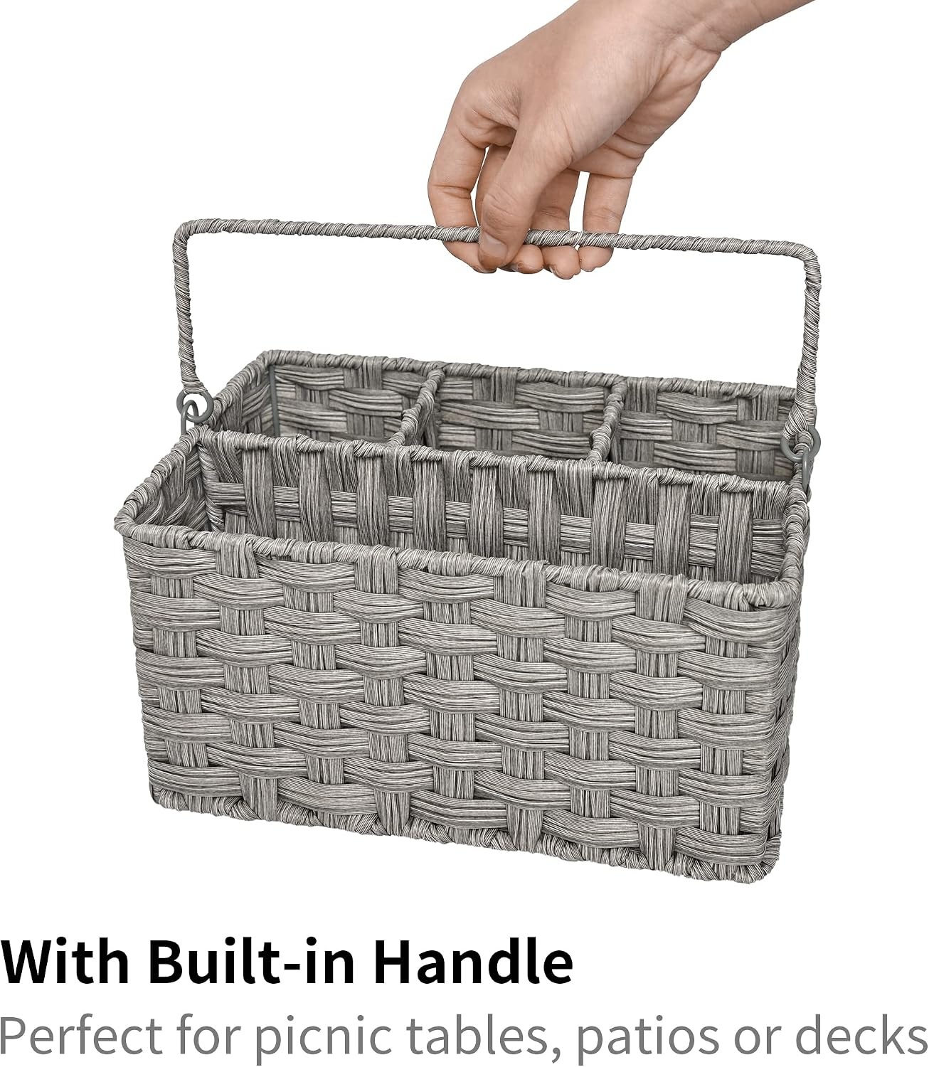 image:imageGRANNY SAYS Wicker Utensil Caddy Picnic Basket with Handle Organizer for Kitchen Table or Cabinet Silverware Holder for PartiesGray