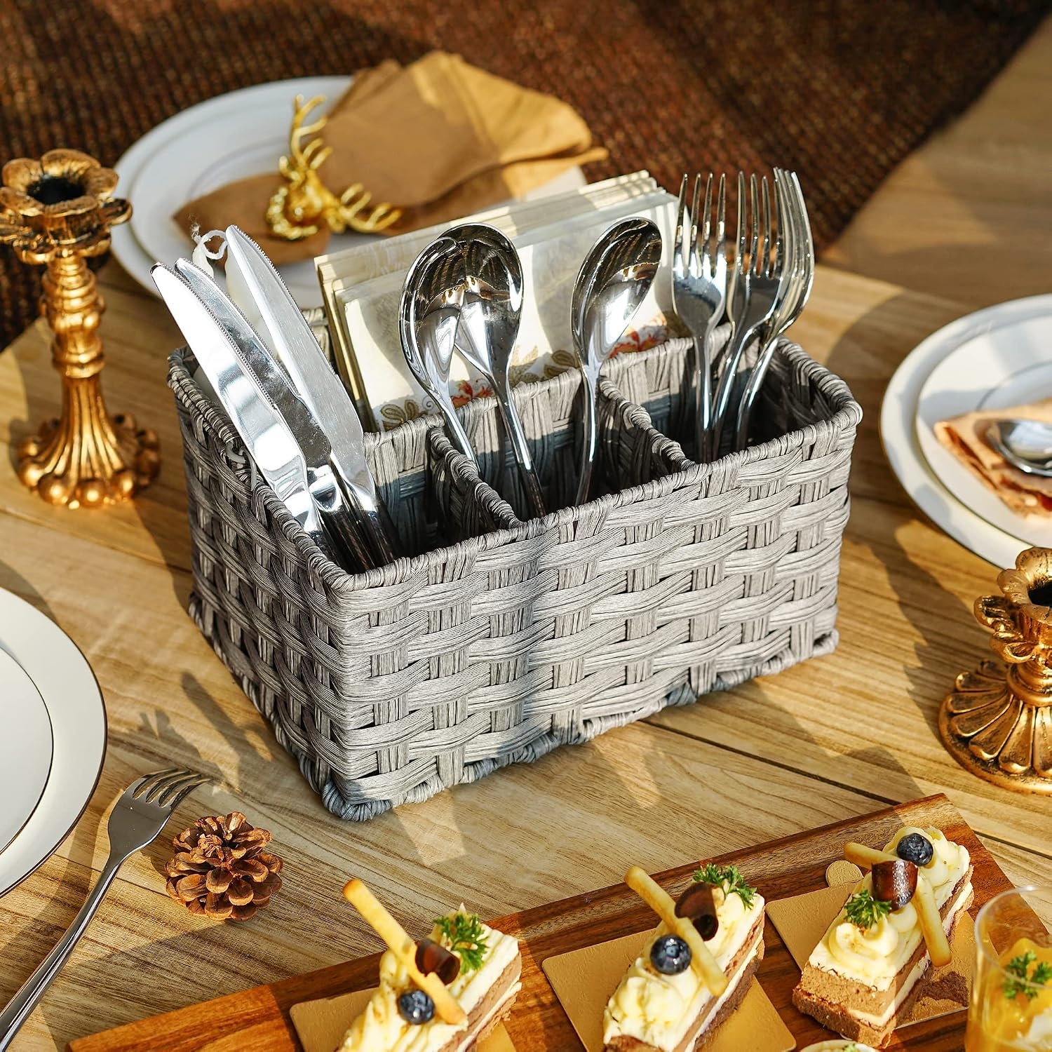 image:imageGRANNY SAYS Wicker Utensil Caddy Picnic Basket with Handle Organizer for Kitchen Table or Cabinet Silverware Holder for PartiesGray