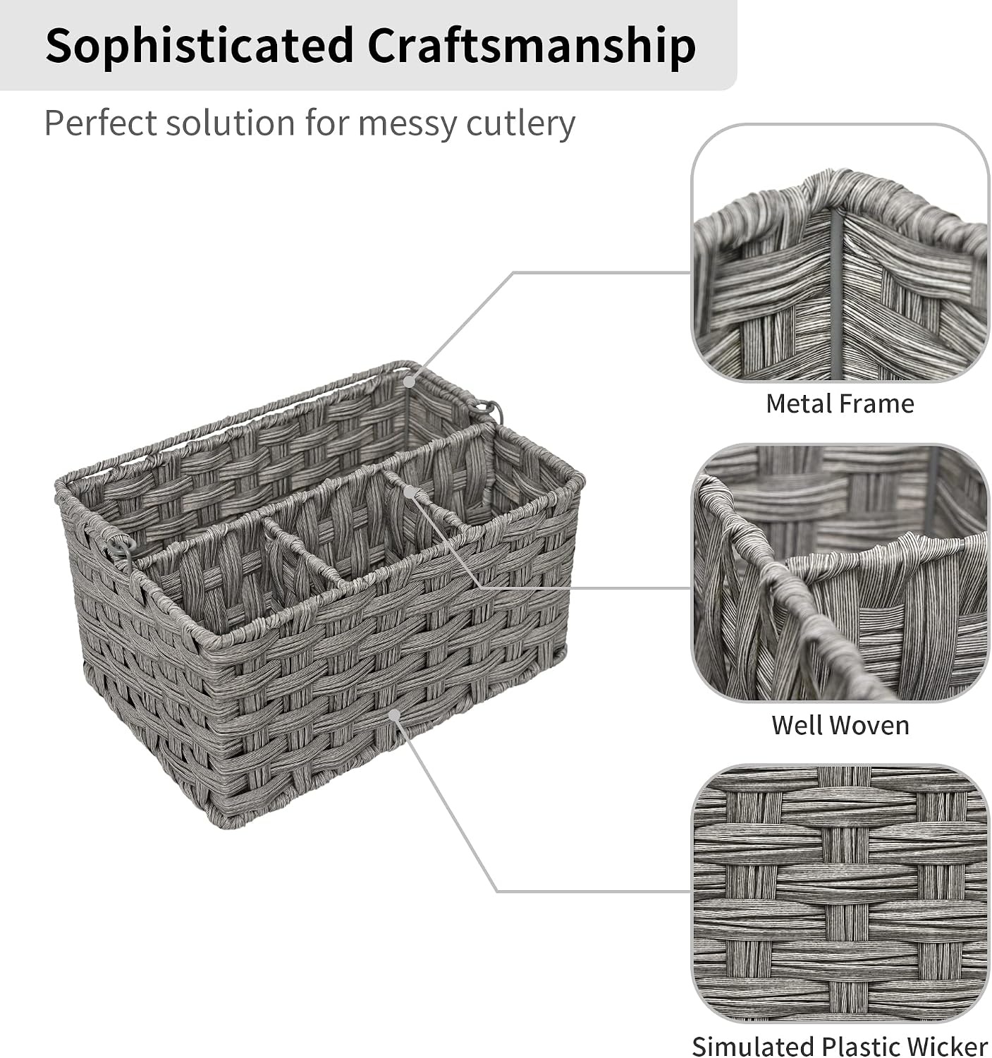 image:imageGRANNY SAYS Wicker Utensil Caddy Picnic Basket with Handle Organizer for Kitchen Table or Cabinet Silverware Holder for PartiesGray