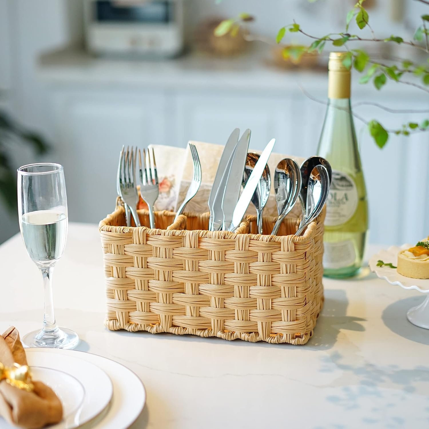 image:imageGRANNY SAYS Wicker Utensil Caddy Picnic Basket with Handle Organizer for Kitchen Table or Cabinet Silverware Holder for PartiesNature