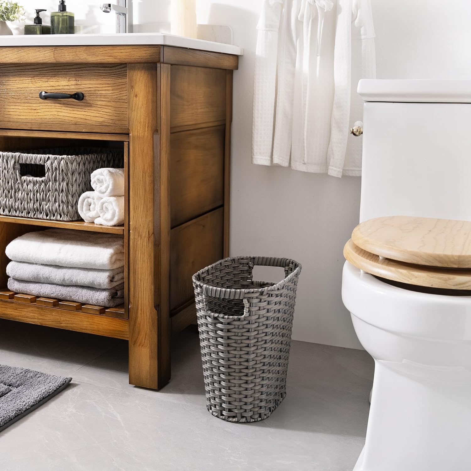 image:imageGRANNY SAYS Wicker Waste Basket Waterproof Bathroom Trash Can Decorative Boho Waste Baskets with Handles Waste Basket for Bedroom Office 15 Liters4 GallonsDark Gray