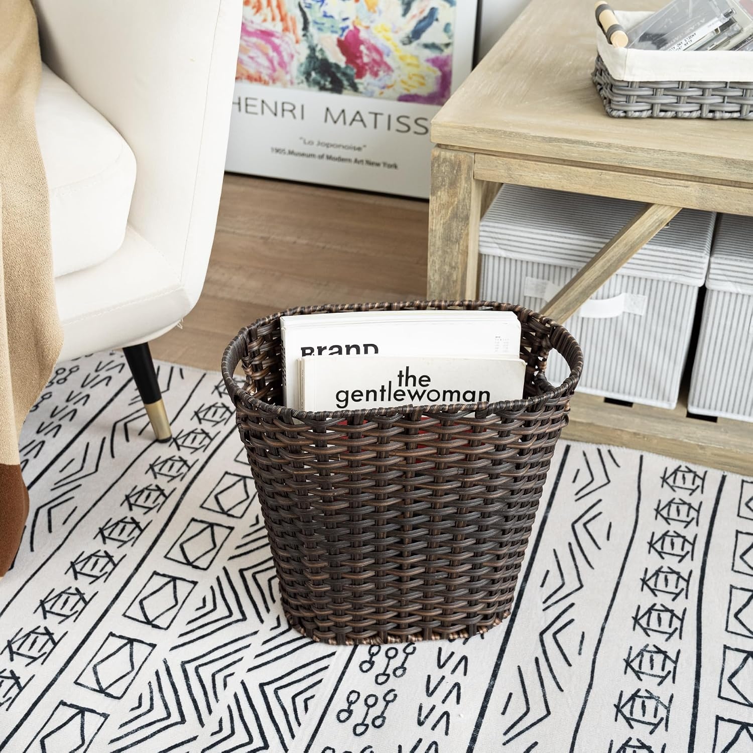 image:imageGRANNY SAYS Wicker Waste Basket Waterproof Bathroom Trash Can Decorative Boho Waste Baskets with Handles Waste Basket for Bedroom Office 15 Liters4 GallonsDark Brown