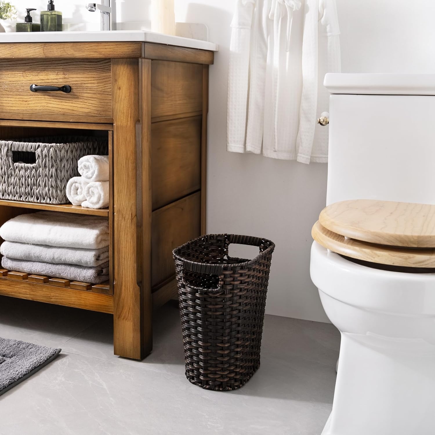 image:imageGRANNY SAYS Wicker Waste Basket Waterproof Bathroom Trash Can Decorative Boho Waste Baskets with Handles Waste Basket for Bedroom Office 15 Liters4 GallonsDark Brown