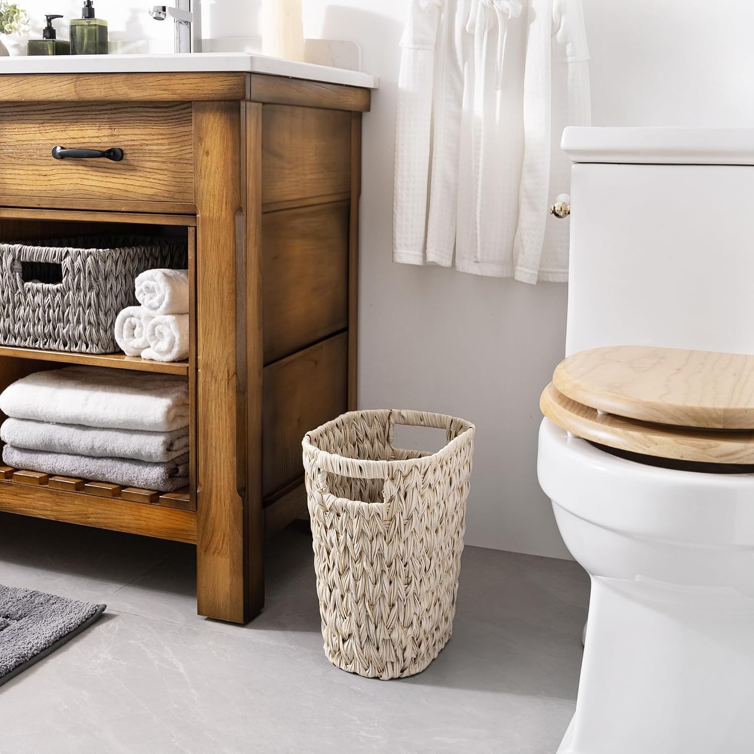 image:imageGRANNY SAYS Wicker Waste Basket Waterproof Bathroom Trash Can Decorative Boho Waste Baskets with Handles Waste Basket for Bedroom Office 15 Liters4 GallonsButter Milk