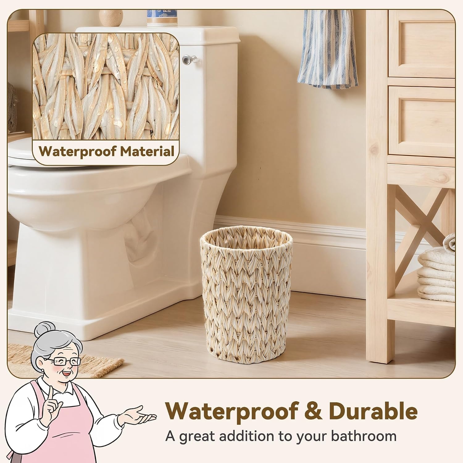 image:imageGRANNY SAYS Wicker Waste Basket Waterproof Bathroom Trash Can Decorative Boho Waste Baskets with Handles Waste Basket for Bedroom Office 15 Liters4 GallonsButter Milk