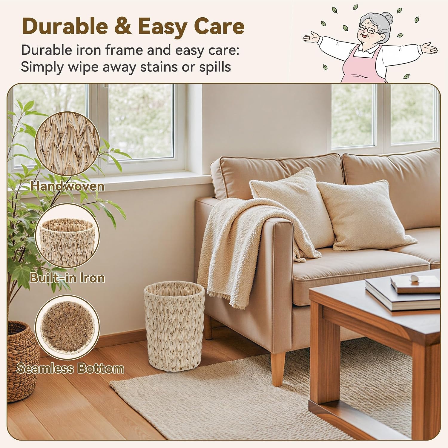 image:imageGRANNY SAYS Wicker Waste Basket Waterproof Bathroom Trash Can Decorative Boho Waste Baskets with Handles Waste Basket for Bedroom Office 15 Liters4 GallonsButter Milk