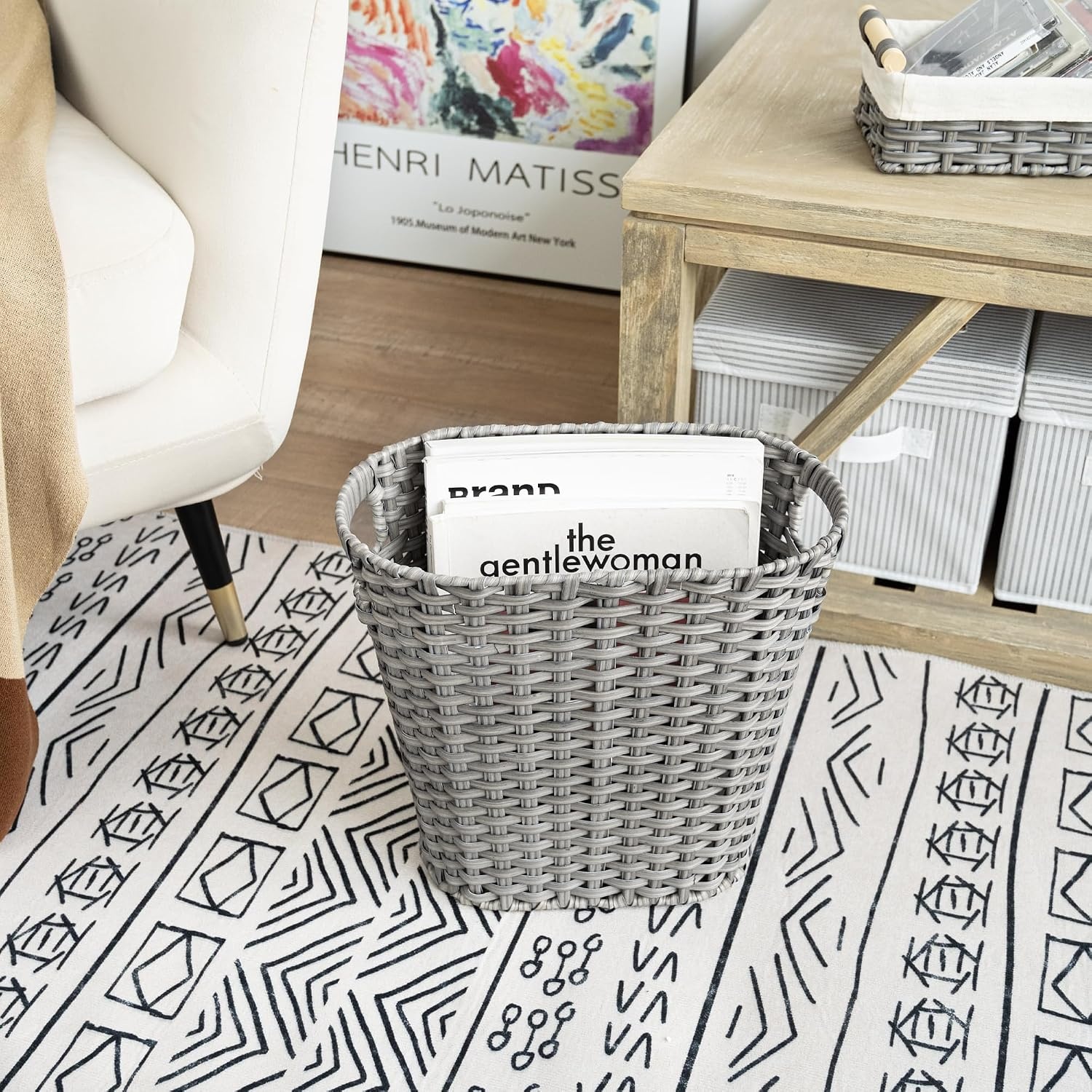 image:imageGRANNY SAYS Wicker Waste Basket Waterproof Bathroom Trash Can Decorative Boho Waste Baskets with Handles Waste Basket for Bedroom Office 15 Liters4 GallonsDark Gray