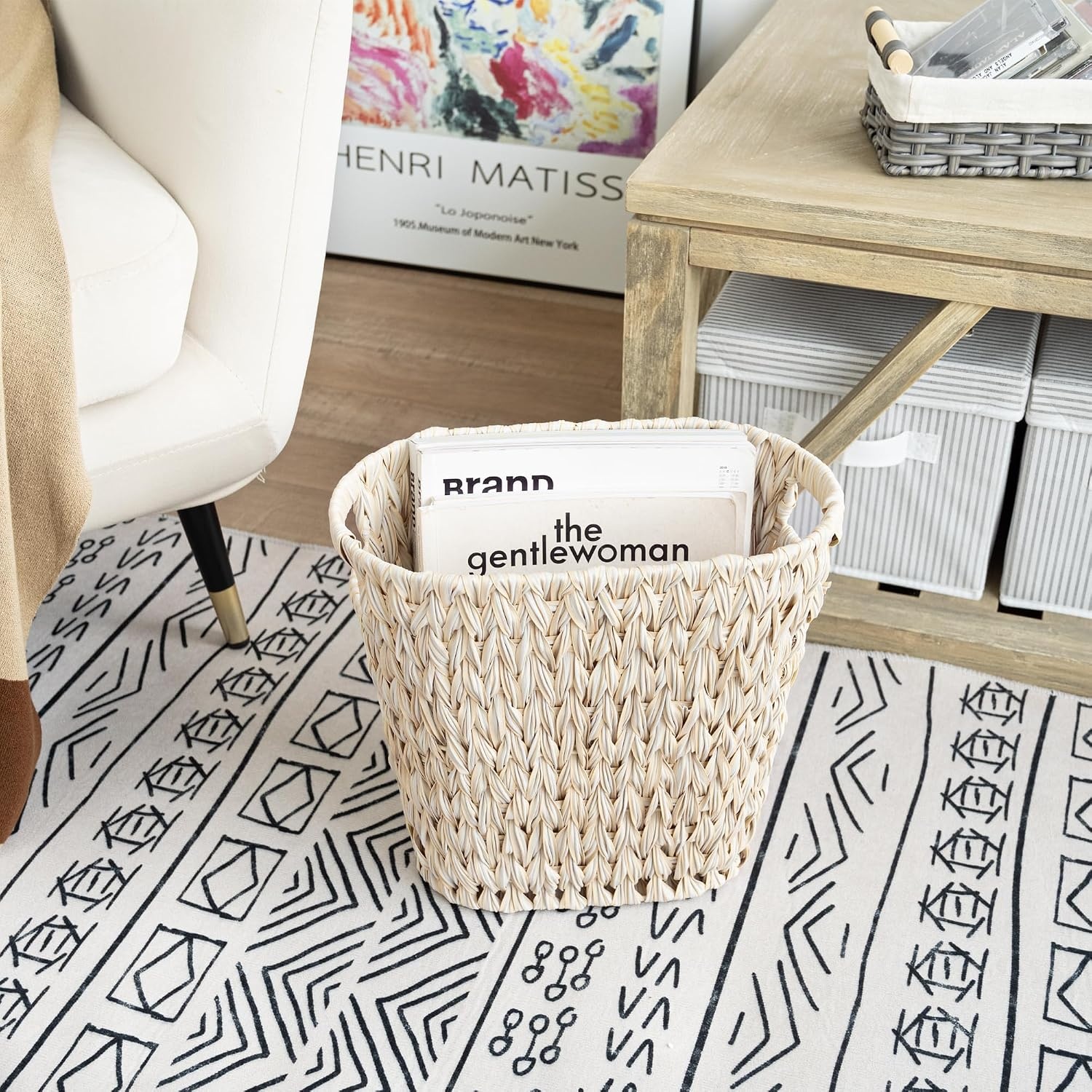 image:imageGRANNY SAYS Wicker Waste Basket Waterproof Bathroom Trash Can Decorative Boho Waste Baskets with Handles Waste Basket for Bedroom Office 15 Liters4 GallonsButter Milk