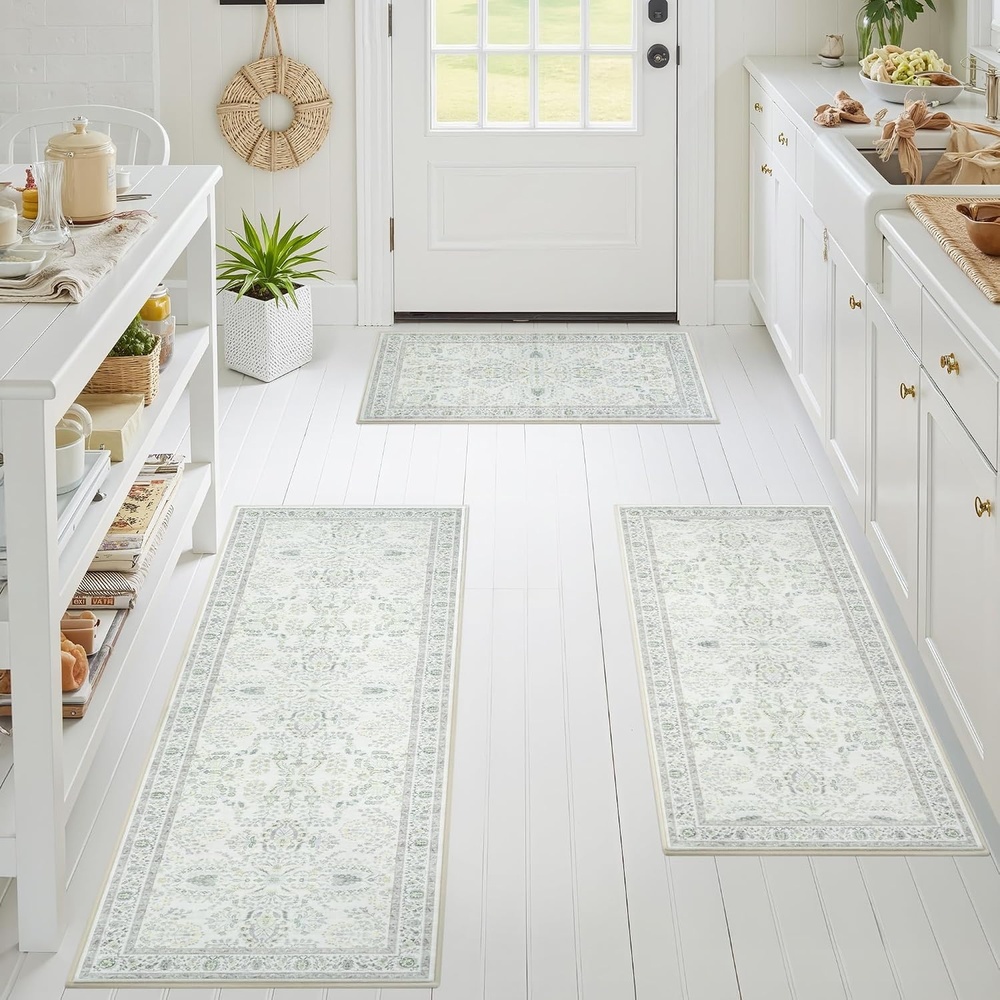 image:imageGRANNY SAYS Boho Kitchen Rug Sets of 3 Non Slip Washable Faux Wool Kitchen Mats for Floor Thick Soft AntiFatigue Comfort Standing Mat Runner Rugs for Hallway Laundry Room BeigeGreen White