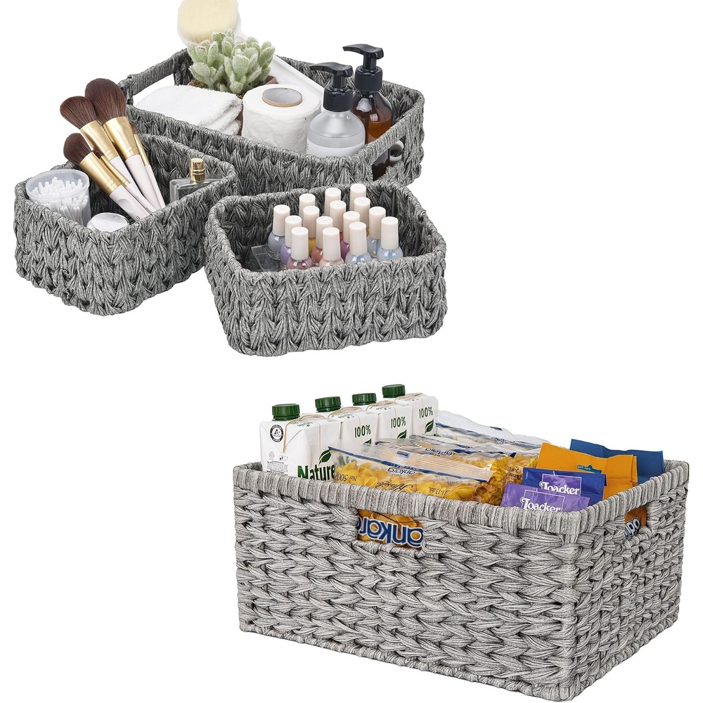 image:imageGRANNY SAYS Bundle of 1Pack Gray Wicker Baskets amp 3Pack Wicker Storage Baskets for Organizing Shelves