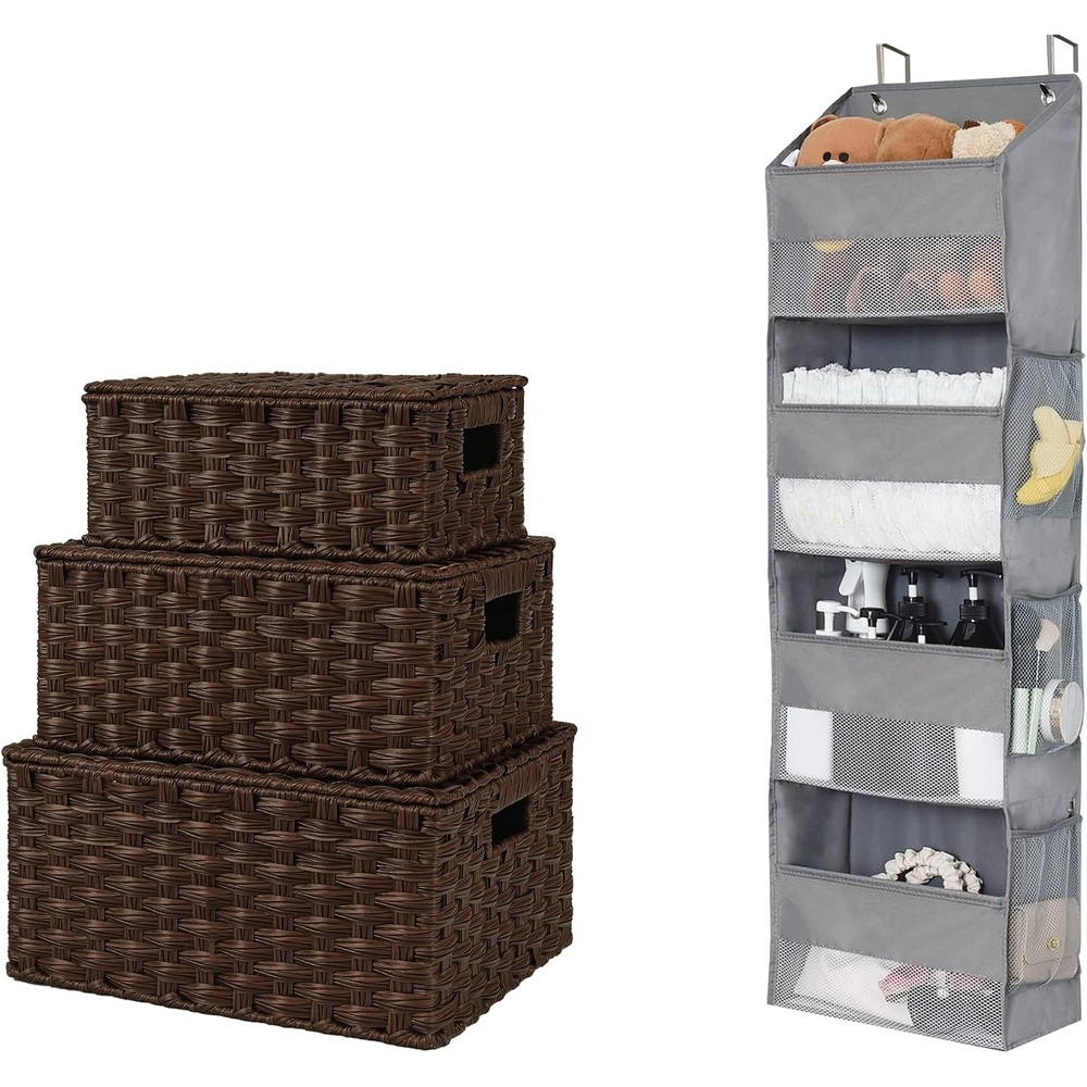 image:imageGRANNY SAYS Bundle of 3Pack Wicker Baskets Storage amp 1Pack Over Door Hanging Organizer
