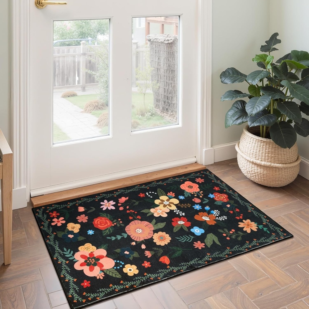 image:imageGRANNY SAYS Front Door Mat Indoor Entrance Indoor Doormat 28 x 4 Washable Mats Low Profile Stain Resistance Mat for Entryway NonSlip Long Doormat Black Boho FloralBlack Flowers