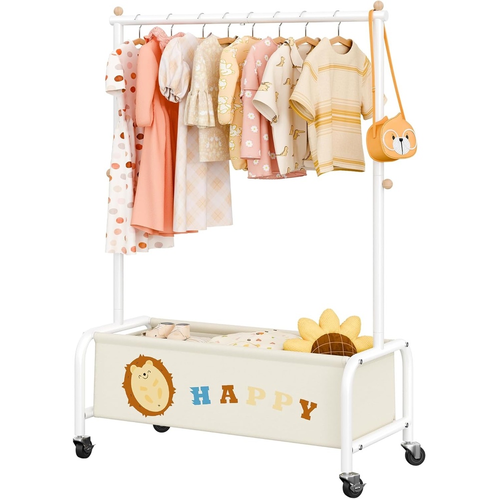 image:imageGRANNY SAYS Kids Clothing Rack with Basket Baby Closet Dress Up Storage Kids Closet Wardrobe Short Baby Clothes Rack Toddler Garment Rack for Coats Dress Up Costumes Princess Dresses Beige