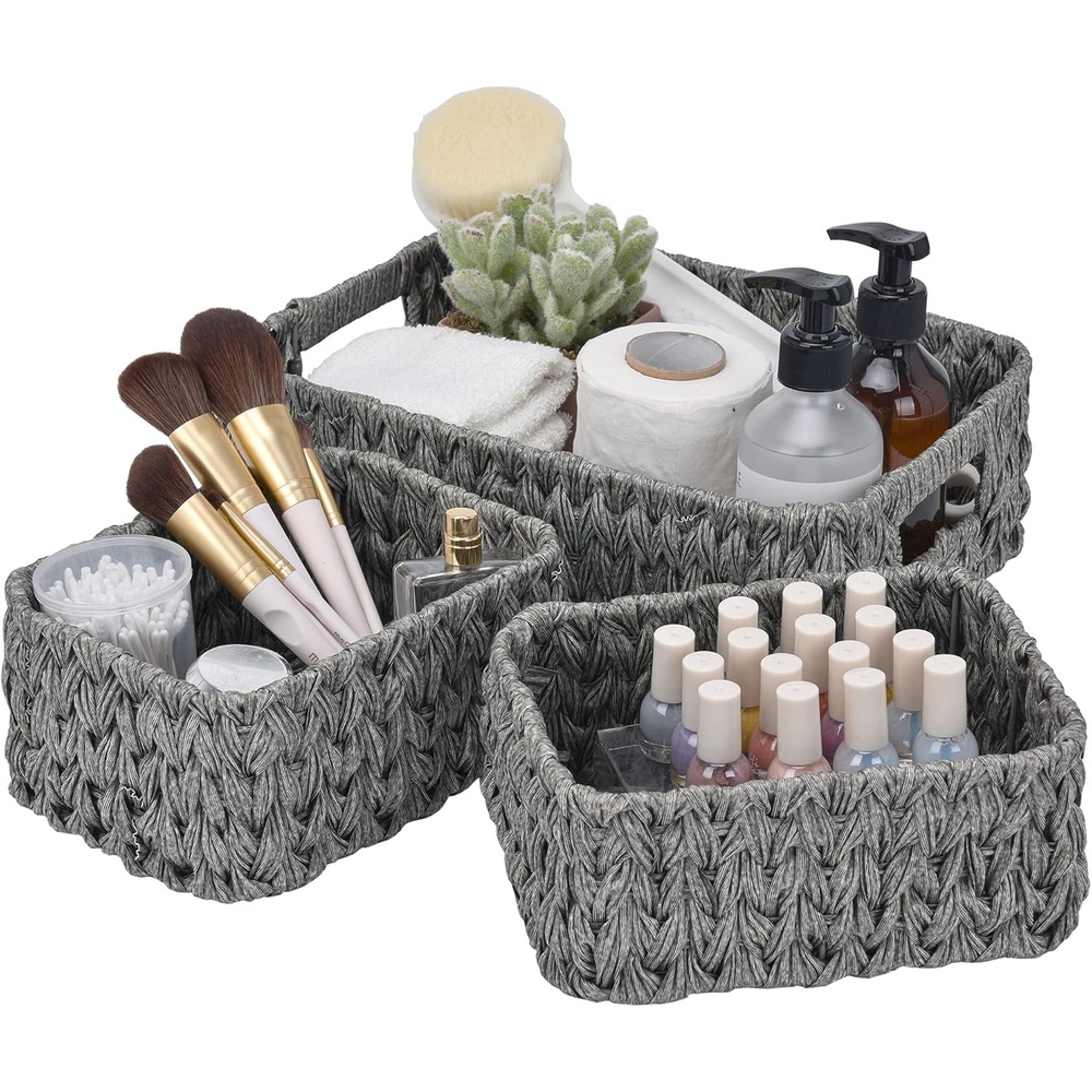 image:imageGRANNY SAYS Storage Baskets for Shelves Waterproof Basket Set for Organizing Toilet Wicker Basket Tank Topper Wicker Baskets with Handles Dark Brown 3PackGray