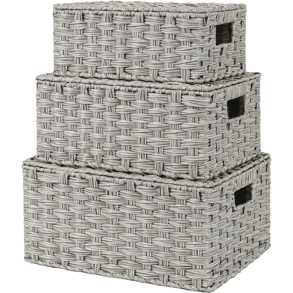 image:imageGRANNY SAYS Wicker Baskets with Lids Set of 3 Decorative Storage Boxes Woven Basket for Organizing Storage and Organizer Baskets Brown 3PackGray