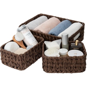 image:imageGRANNY SAYS Storage Baskets for Shelves Waterproof Basket Set for Organizing Toilet Wicker Basket Tank Topper Wicker Baskets with Handles Dark Brown 3PackBrown