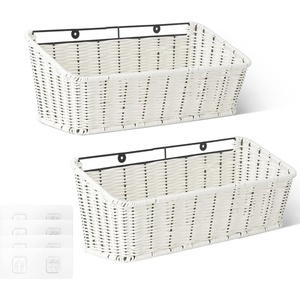 image:imageGRANNY SAYS Wicker Hanging Basket 2 Pack Storage Baskets for Cabinet Wall Mount Fruit Basket for Kitchen Adhesive Bathroom Cabinet Organizer Pantry Organizers and Storage GrayOff White